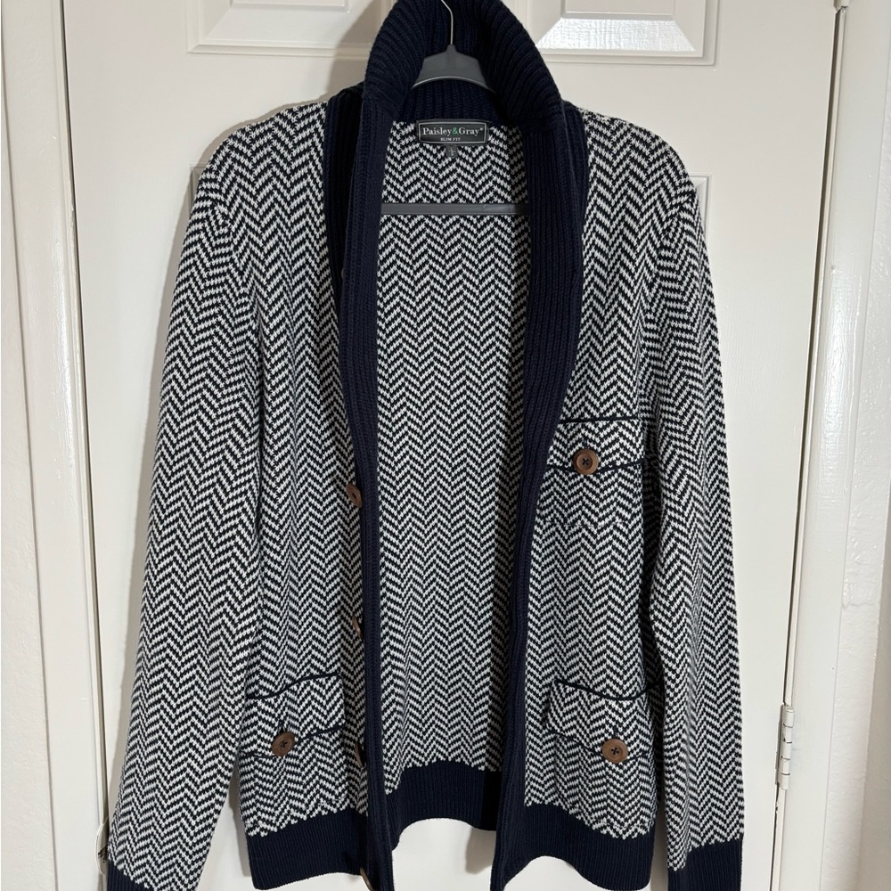 Men’s “Paisley & Gray” Deep Navy Blue and White Chevron Cardigan. Slim fit LRG
